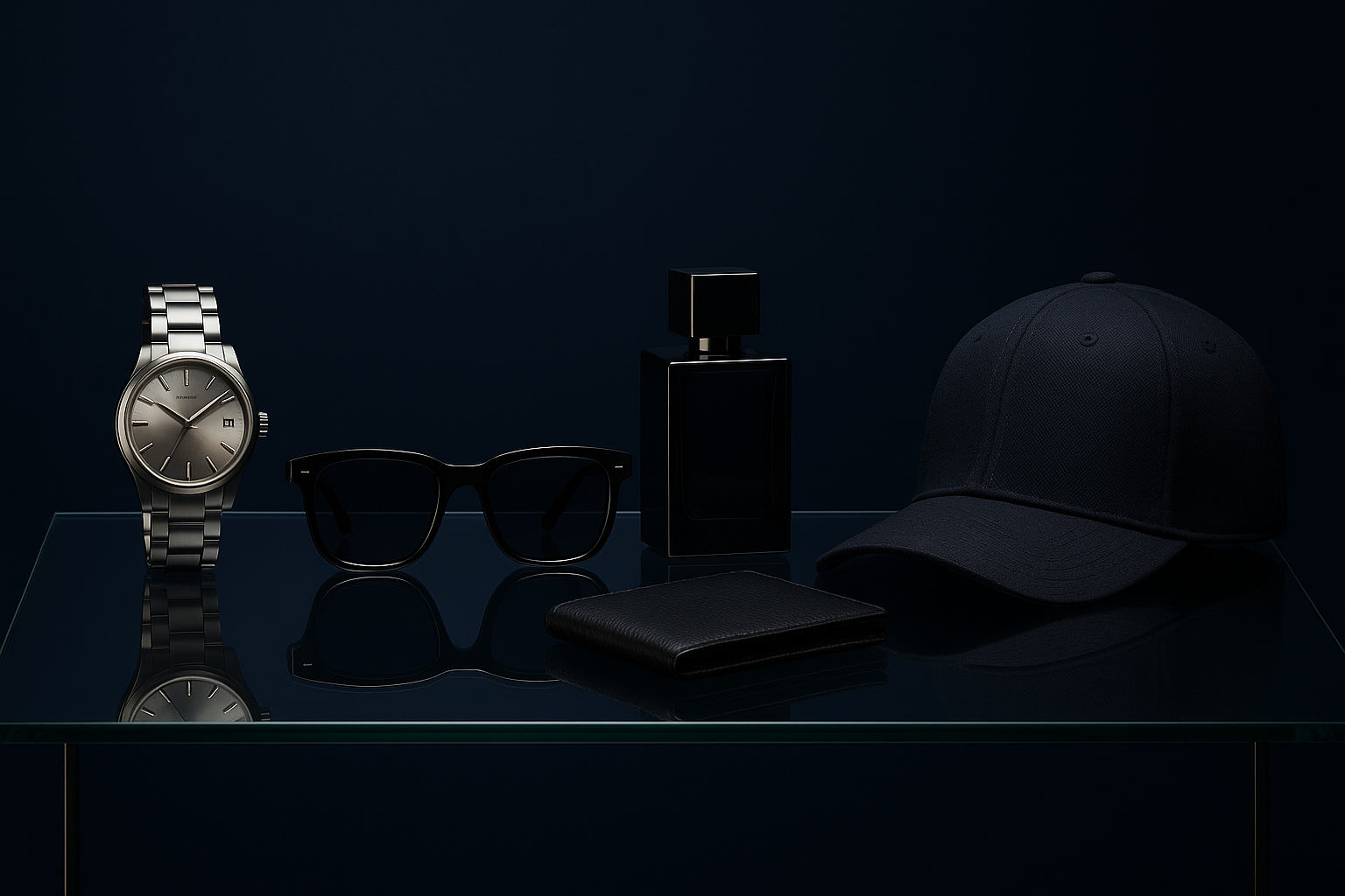 a pic of a watch a sunglass and a perfume bottle and a wallet and a cap maybe on a shelf or something that looks luxury and modern with a background color code of #091235